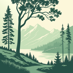 Serene mountain lake landscape with coniferous trees and forest mountain landscape wilderness © Ms
