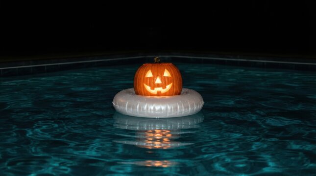Jack o lantern pumpkin floating in swimming pool