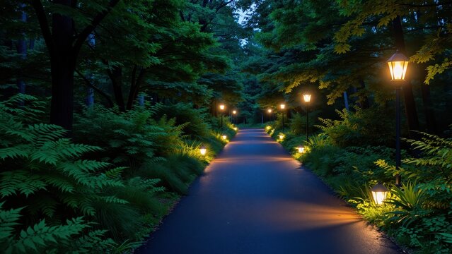 Nighttime park pathway illuminated by warm street lamps surrounded by lush green trees and dense foliage, peaceful evening scene