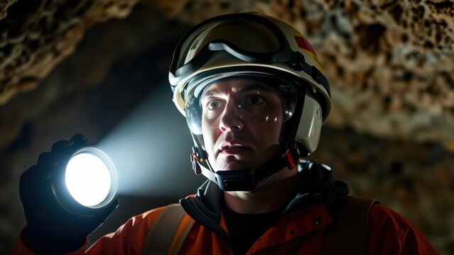 Male caver or spelunker wearing helmet with flashlight exploring underground cave system with rugged rocky interior and focused expression
