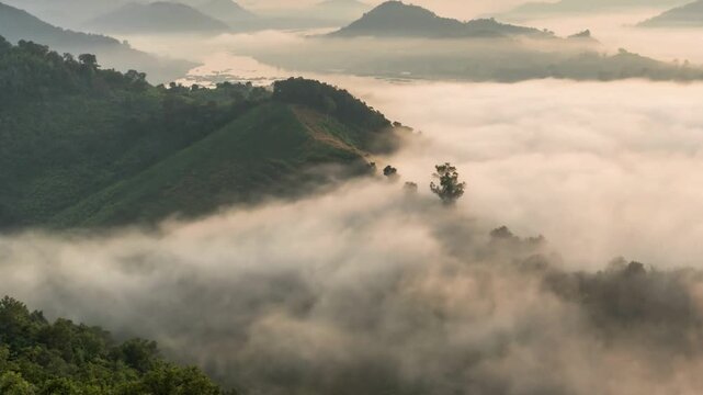 mesmerizing time-lapse of a thick cloud inversion flowing over lush green mountains, revealing distant river and serene morning landscape.