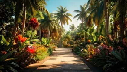 Fototapeta premium Tropical pathway through palm trees garden.