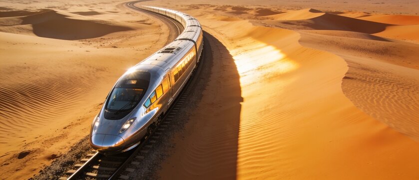 Futuristic high-speed train gliding across golden desert dunes at sunset