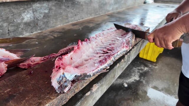 Authentic close-up handheld shot of an expert fishmonger skillfully cleaning a snapper skeleton to ensure zero waste at a coastal dock.