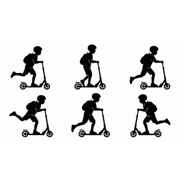 A set of six boy riding scooty in various poses silhouette vector illustration on a white background
