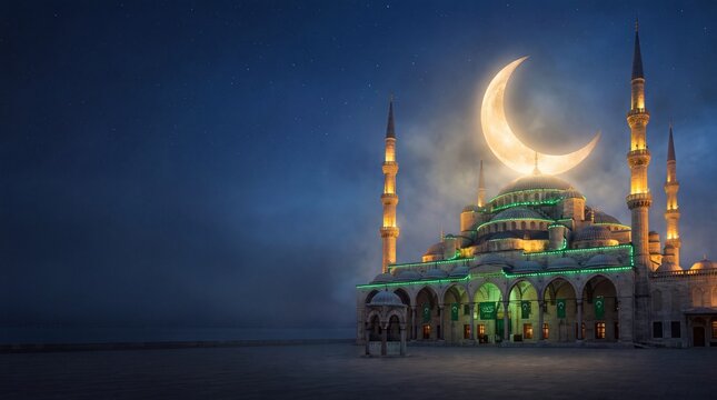 Illuminated mosque with minarets and large glowing crescent moon under night sky, perfect for Milad un Nabi and Eid celebration with copy space on left.