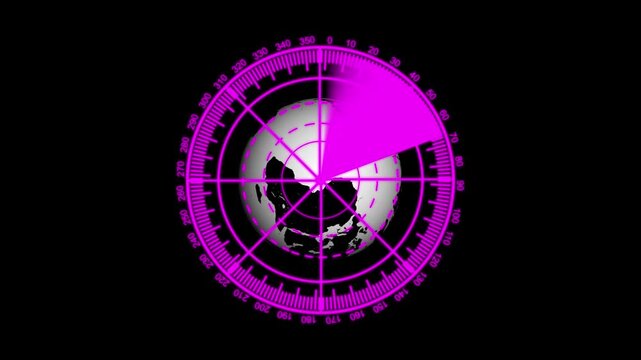 Pink radar screen with a sweeping sector and a glowing outline of the Earth on animated .scanning the surroundings. This simple radar navigation system actively monitors and detects nearby objects.
