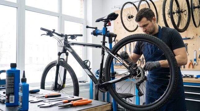 Mechanic repairing bicycle wheel in modern workshop.