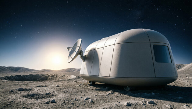 A futuristic mobile lunar base station rests on a cratered moon surface under a starry sky.