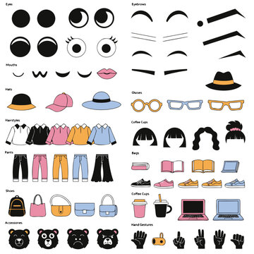 Character Creator Elements with Hairstyles, Clothing and Facial Features for Avatar Design and Animation Projects