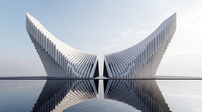 Abstract architectural rendering with repeating linear elements and water reflection