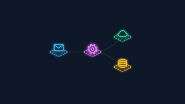 Glowing Neon Data Flow Integration Workflow Cloud Database Animation Loop