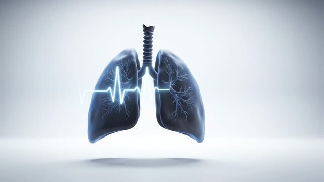 Conceptual illustration of human lungs with a glowing heartbeat pulse line.