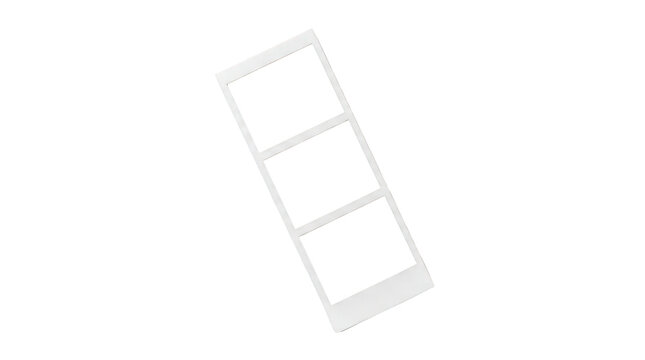 Photobooth strip frame, blank white vertical film template, three empty photo frames for collage, minimalist paper border for creative projects isolated on Transparent Background