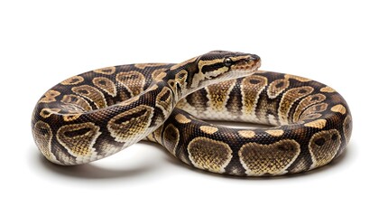 Fototapeta premium Ball python snake coiled and isolated on white background. Close-up portrait of exotic reptile pet with brown and yellow patterned scales in studio.