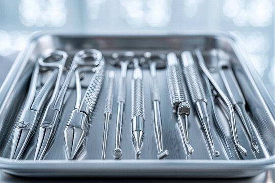 Top-down view of a brushed steel dental tray with sterilized surgical instruments under cool LED lighting, soft white bokeh background, and right-side copy space ideal for healthcare advertising