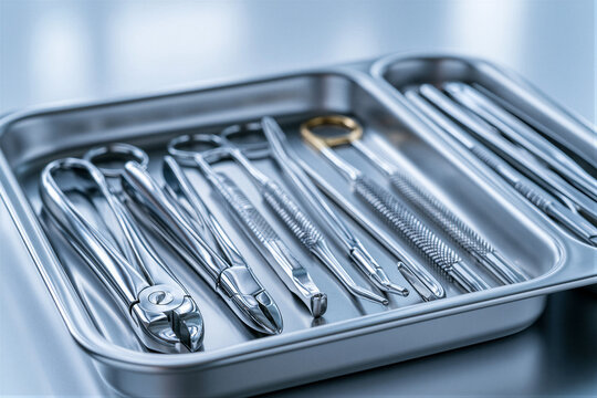 Top-down view of a brushed steel dental tray with sterilized surgical instruments under cool LED lighting, soft white bokeh background, and right-side copy space ideal for healthcare advertising