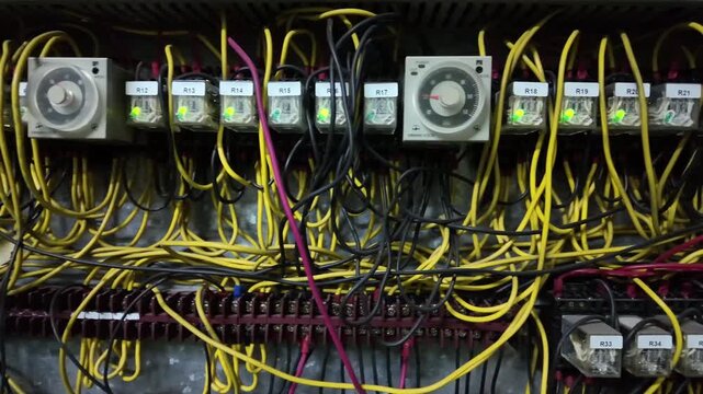 The junction box has numerous wires secured neatly with screws for Programmable Logic Controller or PLC