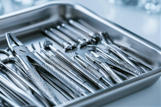 Top-down view of a brushed steel dental tray with sterilized surgical instruments under cool LED lighting, soft white bokeh background, and right-side copy space ideal for healthcare advertising