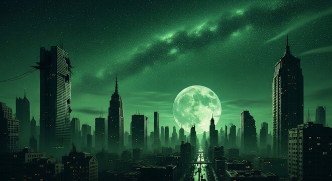 Emerald Omen: Luminescent Moon Ascends Over Ashen Spires