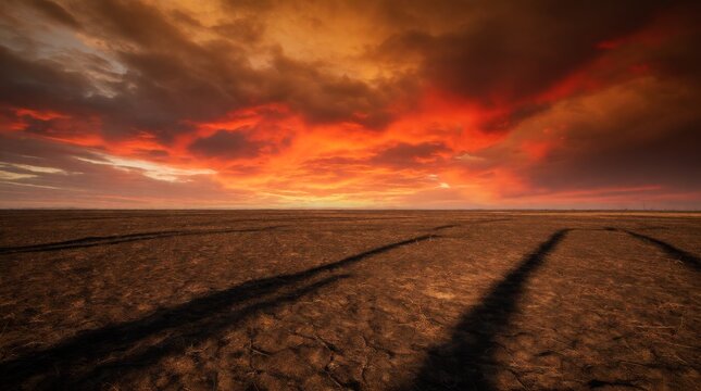 Dramatic sunset over cracked arid terrain with intensely colored clouds with desolate landscape dusk where cracked earth stretches endlessly beneath sky ablaze deep oranges