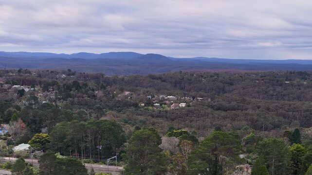 Aerial View of Eucalyptus Forest and Suburban Houses in Wentworth Falls