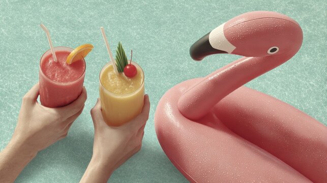 Refreshing tropical drinks by pink flamingo pool float in sparkling turquoise water