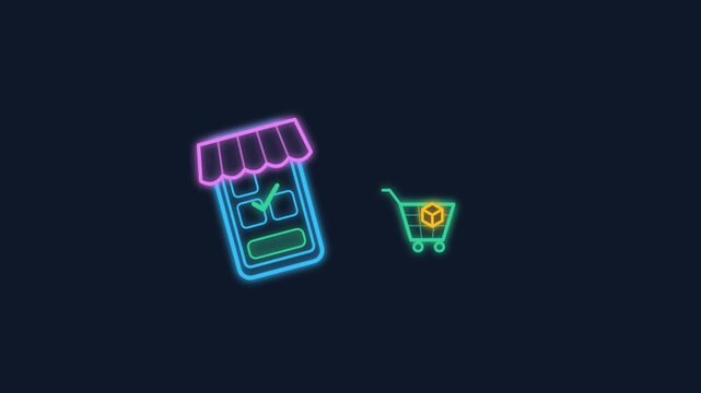 Neon Line Art Animation of Mobile E-Commerce Store Checkout with Receipt
