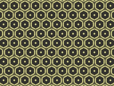 Geometric pattern of repeating hexagons in olive and dark tones. Each hexagon contains a small, central dot. Design suggests modern, structured, and orderly aesthetic. Suitable for backgrounds