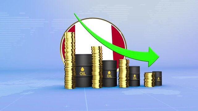 Peru Oil Prices Decline with Oil Barrels, Gold Coins and Downward Green Arrow, 3D Economic and Financial Market Concept