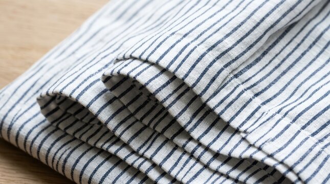 Natural Linen Fabric With Blue Stripes Folded On A Wooden Table Surface For Rustic Home Interior Decoration And Sewing Project Background Or Textile