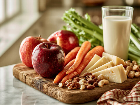Overhead flat lay of dental-friendly foods including apples, carrots, celery, cheese, nuts, and milk on a wooden board. Soft natural light, bright background, and left copy space. Ideal for health...