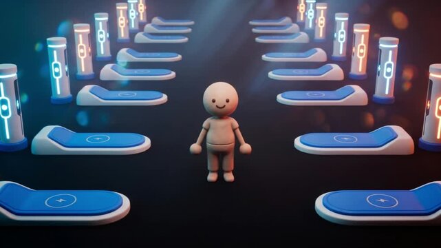 次世代EV充電プラント空間で落ち込んだ状態から力強く立ち直る粘土風マスコットの3DCG映像