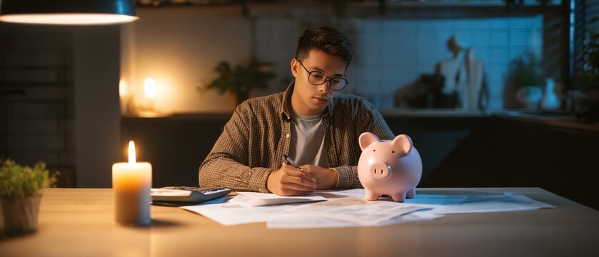 Man budgeting with piggy bank at desk candlelight.