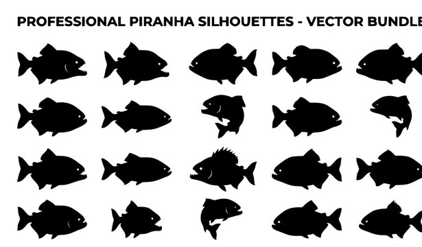 Professional Piranha Fish Silhouette Vector Illustration Bundle with Sharp Teeth Freshwater Predator Wildlife Designs