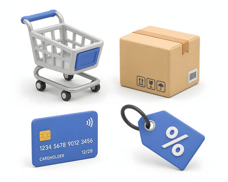 Shopping Cart, Package, Credit Card, and Discount Tag Icons Representing Online Shopping And