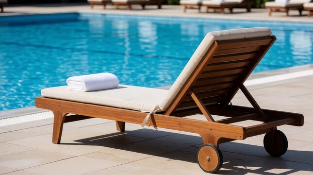 Sunlit wooden lounge chair by poolside with rolled towel ready for relaxation with bathed bright sunlight neatly folded towel resting seat evoking serene vacation atmosphere