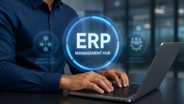 Businessman Operating ERP Enterprise Resource Planning Management Hub System for Business Integration
