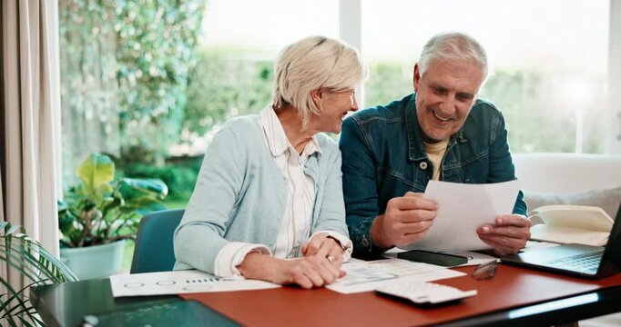 Senior, couple or finance with high five in home for investment, profit or winning together. Pensioner, happy people or calculator with invoice for financial success, bills or tax deduction in house