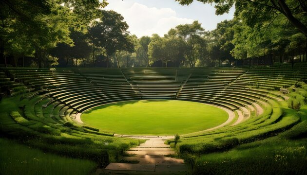 Outdoor amphitheater in green landscape.