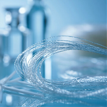 Macro close-up of pristine white dental floss forming a graceful arc from a sleek dispenser on a light blue gradient, soft cinematic lighting for oral care advertising and dental clinic promotion.