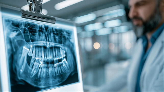 Dental X-ray on illuminated viewbox showing tooth anatomy, cool blue backlight, blurred clinic backdrop, clean minimal layout with right copy space for healthcare marketing and medical web design