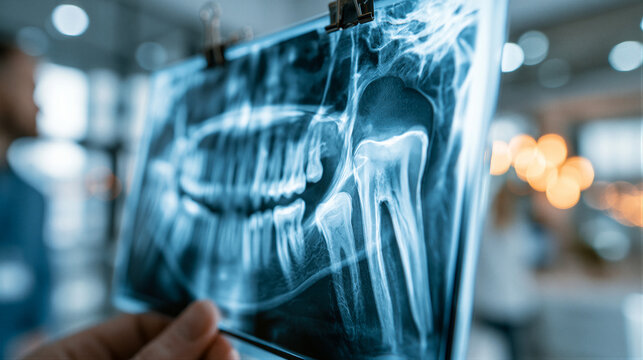 Dental X-ray on illuminated viewbox showing tooth anatomy, cool blue backlight, blurred clinic backdrop, clean minimal layout with right copy space for healthcare marketing and medical web design