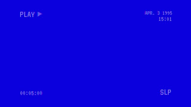 Retro vhs blue screen background with glitch distortion effects and playback overlay, 4k vhs play video