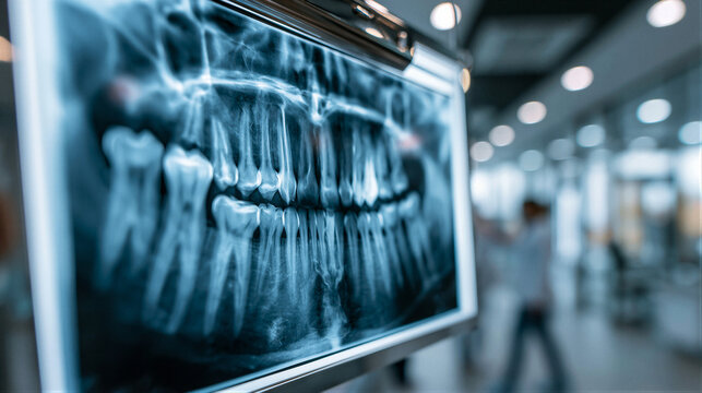 Dental X-ray on illuminated viewbox showing tooth anatomy, cool blue backlight, blurred clinic backdrop, clean minimal layout with right copy space for healthcare marketing and medical web design