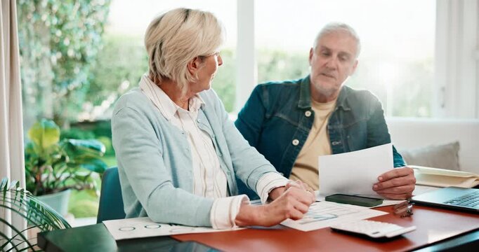 Mature, couple or calculator with finance in home for investment audit, expenses or bills together. Man, woman or calculation with lens flare, paperwork or financial report for tax deduction in house
