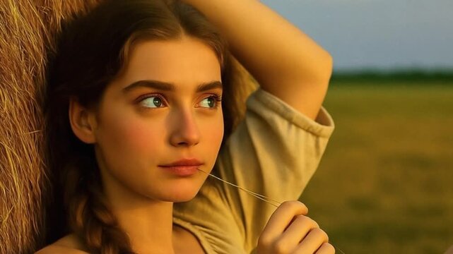 Young woman sitting near haystack and holding straw in countryside field