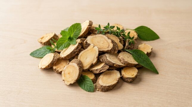 Pile of sliced Astragalus membranaceus root for traditional medicine with fresh mint and thyme leaves isolated on a rustic light wooden surface