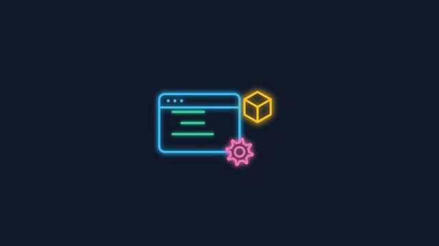 Glowing Neon Web Browser Gear and Cube Icon Animation for Software Development