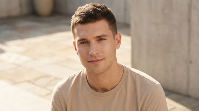 Portrait of a handsome young man with short brown hair wearing a beige t shirt looking directly at the camera outdoors on a bright sunny day